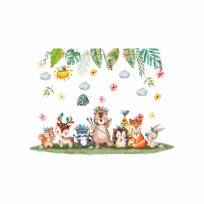 Sticker Autocolant Perete Copii, Animalele Incoronate, Flori, Frunze, 88x65 cm, Aida HER® [1]