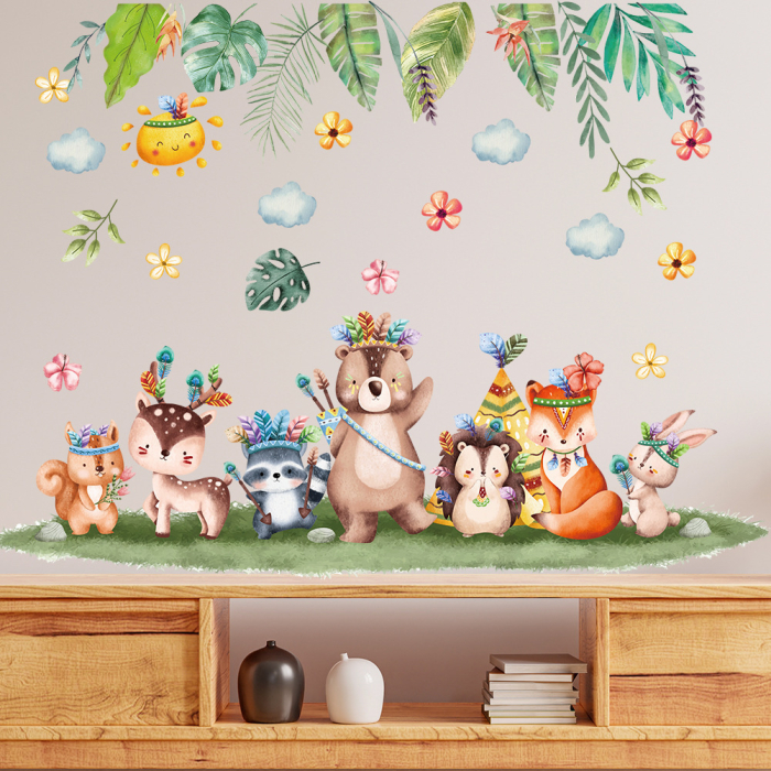 Sticker Autocolant Perete Copii, Animalele Incoronate, Flori, Frunze, 88x65 cm, Aida HER® [5]