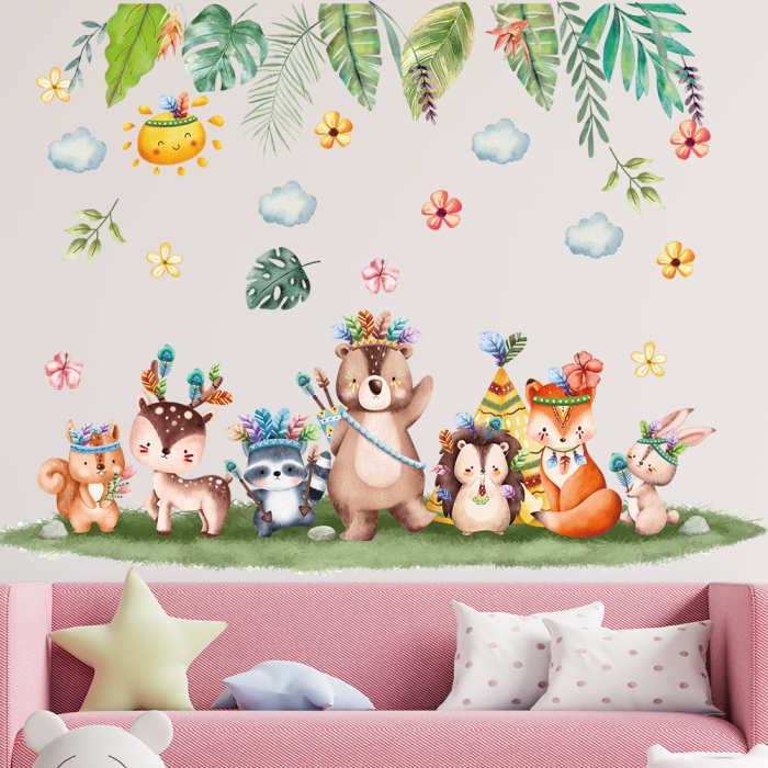 Sticker Autocolant Perete Copii, Animalele Incoronate, Flori, Frunze, 88x65 cm, Aida HER® [2]