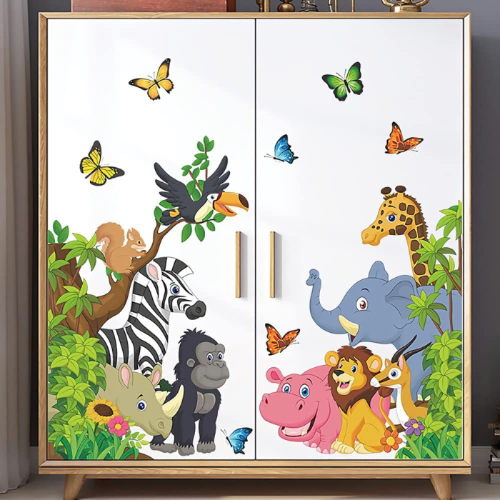 Sticker Autocolant Perete Copii, Animalele Junglei, Girafa, Elefant, Leu, Caprioara, Hipopotam, Rinocer, Urangutan, Zebra, Papagal, Veverita si Fluturasi, 80x85 cm, Aida HER® [4]