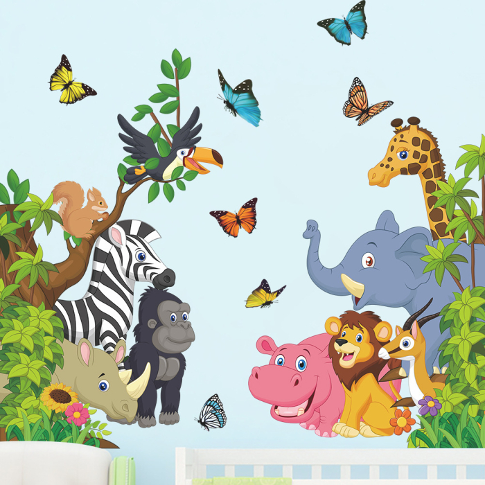 Sticker Autocolant Perete Copii, Animalele Junglei, Girafa, Elefant, Leu, Caprioara, Hipopotam, Rinocer, Urangutan, Zebra, Papagal, Veverita si Fluturasi, 80x85 cm, Aida HER® [5]