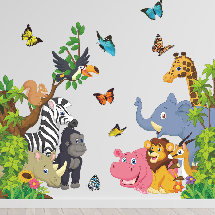 Sticker Autocolant Perete Copii, Animalele Junglei, Girafa, Elefant, Leu, Caprioara, Hipopotam, Rinocer, Urangutan, Zebra, Papagal, Veverita si Fluturasi, 80x85 cm, Aida HER® [3]
