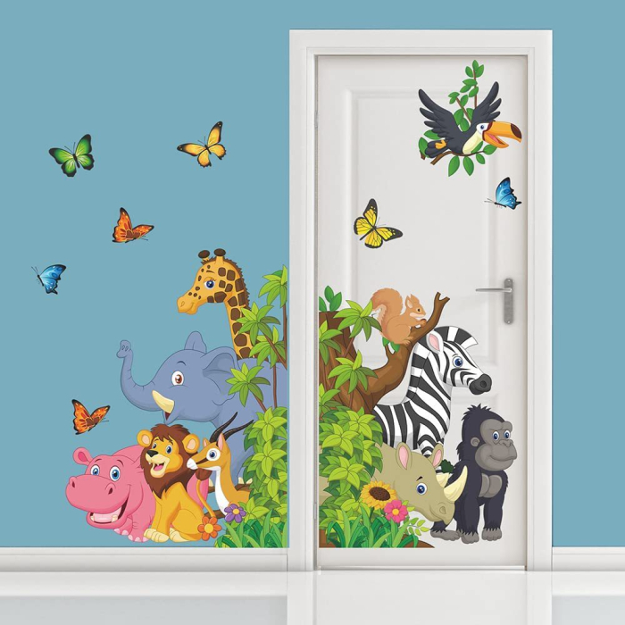 Sticker Autocolant Perete Copii, Animalele Junglei, Girafa, Elefant, Leu, Caprioara, Hipopotam, Rinocer, Urangutan, Zebra, Papagal, Veverita si Fluturasi, 80x85 cm, Aida HER® [2]