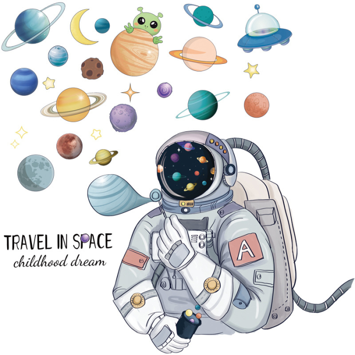 Sticker Autocolant Perete Copii, Astronaut in Spatiu si Planete, 60x90 cm [1]