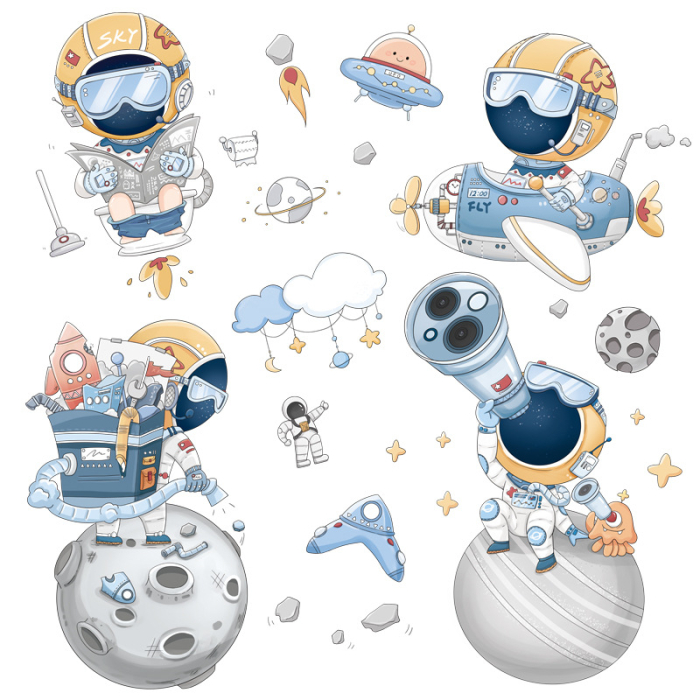 Sticker Autocolant Perete Copii, Astronauti Haiosi in Spatiu si Planete, 85x85 cm [1]