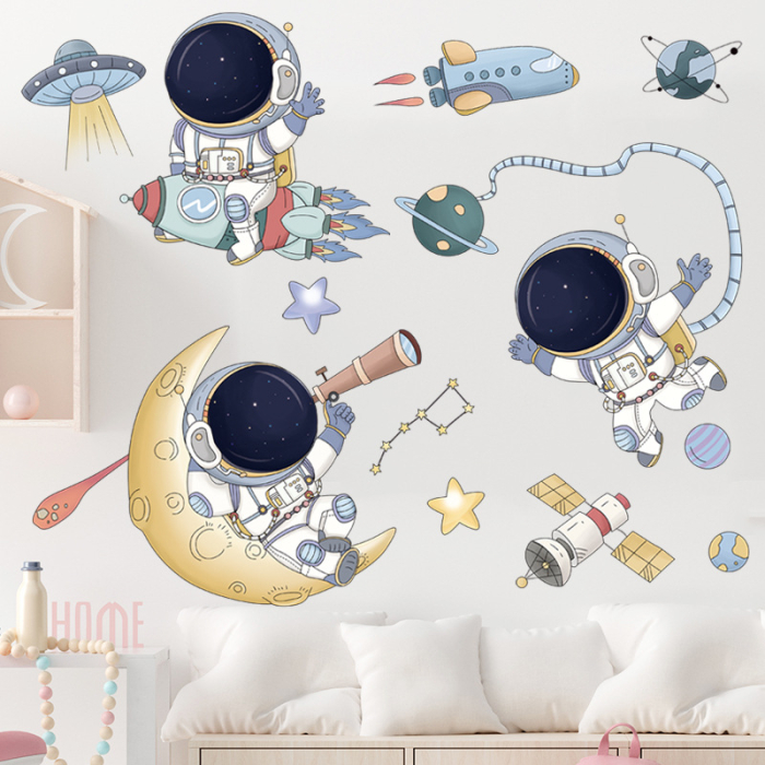 Sticker Autocolant Perete Copii, Astronauti in Spatiu, Planete, Racheta si Satelit, 80x90 cm [4]