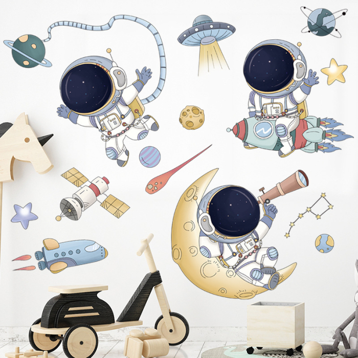 Sticker Autocolant Perete Copii, Astronauti in Spatiu, Planete, Racheta si Satelit, 80x90 cm [2]