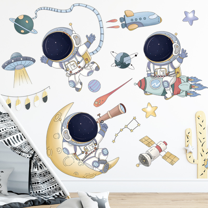 Sticker Autocolant Perete Copii, Astronauti in Spatiu, Planete, Racheta si Satelit, 80x90 cm [5]