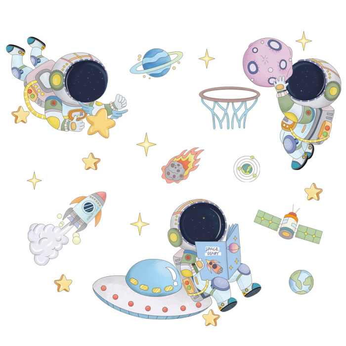 Sticker Autocolant Perete Copii, Astronauti in Spatiu, Racheta si Planete, 60x90 cm [1]