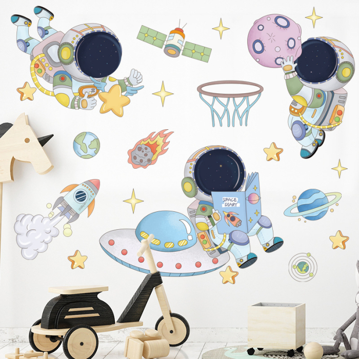 Sticker Autocolant Perete Copii, Astronauti in Spatiu, Racheta si Planete, 60x90 cm [2]