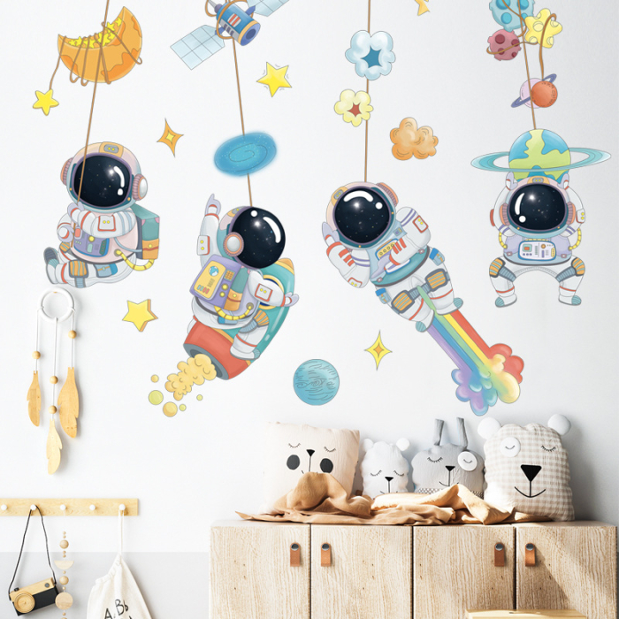 Sticker Autocolant Perete Copii, Astronauti in Spatiu, Stele, Planete, Racheta, 65x95 cm, Aida HER® [2]