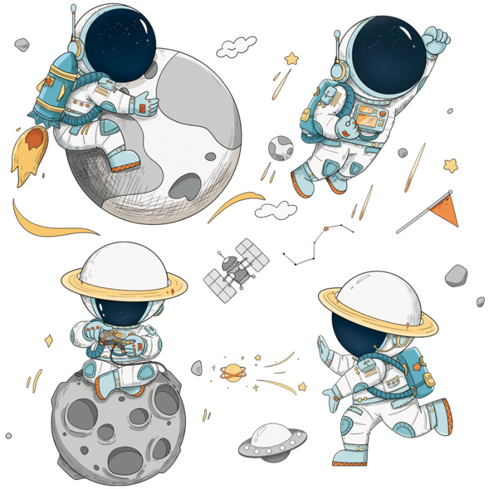 Sticker Autocolant Perete Copii, Astronauti Jucausi in Spatiu si Planete, 85x85 cm [1]