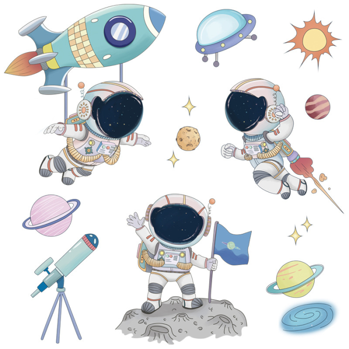 Sticker Autocolant Perete Copii, Astronauti, Planete, Racheta, 60x90 cm [1]