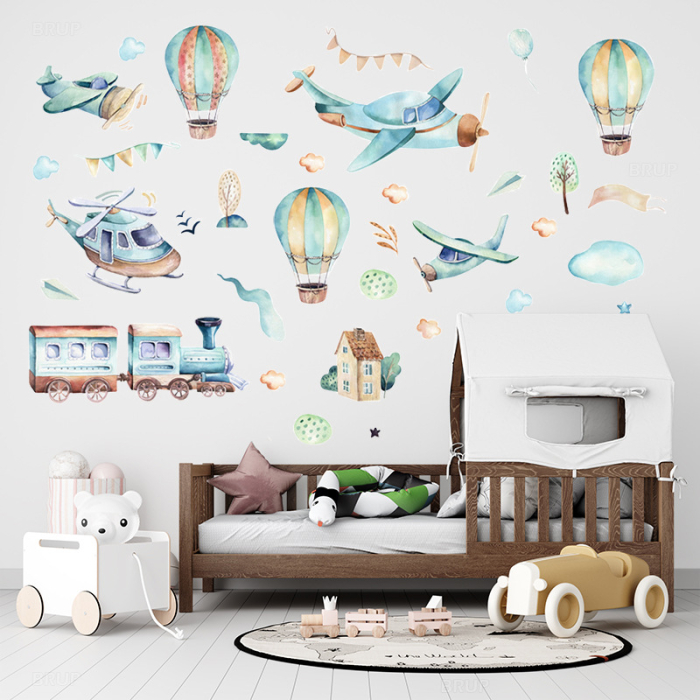 Sticker Autocolant Perete Copii, Avioane, Baloane cu Aer Cald, Casute, Tren, 90x90 cm, Aida HER® [2]