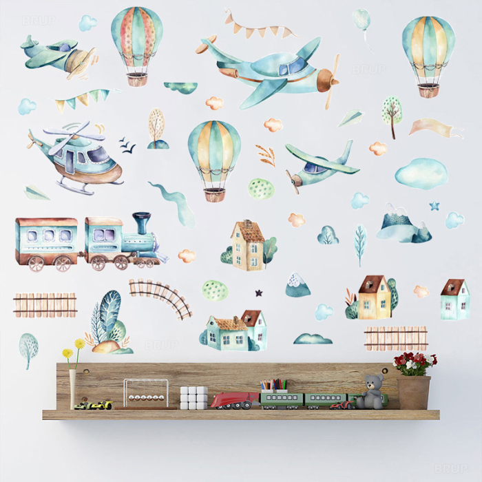 Sticker Autocolant Perete Copii, Avioane, Baloane cu Aer Cald, Casute, Tren, 90x90 cm, Aida HER® [5]