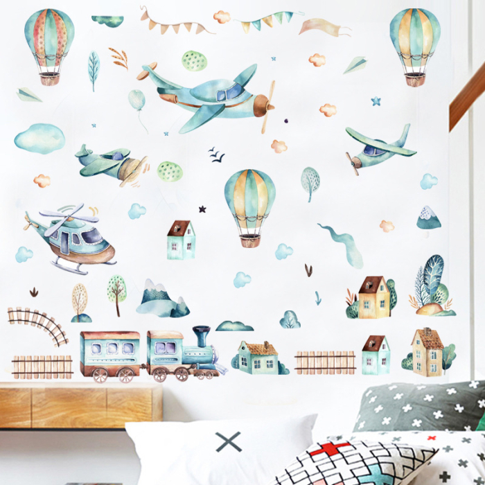 Sticker Autocolant Perete Copii, Avioane, Baloane cu Aer Cald, Casute, Tren, 90x90 cm, Aida HER® [4]