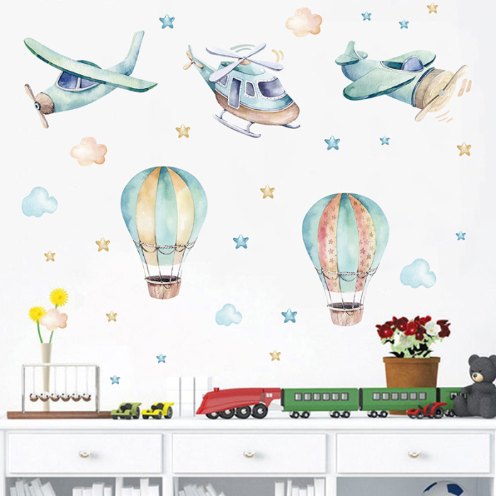 Sticker Autocolant Perete Copii, Avioane, Elicopter, Baloane cu Aer Cald, Nori si Stele, 60x90 cm, Aida HER® [4]