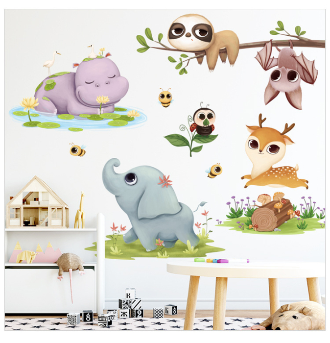 Sticker Autocolant Perete Copii, Caprioara, Elefant, Hipopotam, Liliac, Albine, 85x100 cm, Aida HER® [5]