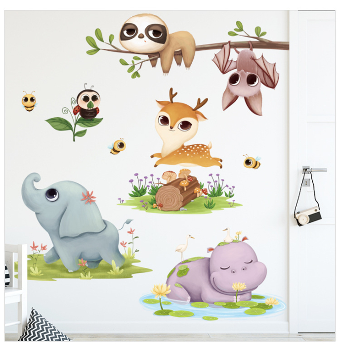 Sticker Autocolant Perete Copii, Caprioara, Elefant, Hipopotam, Liliac, Albine, 85x100 cm, Aida HER® [3]