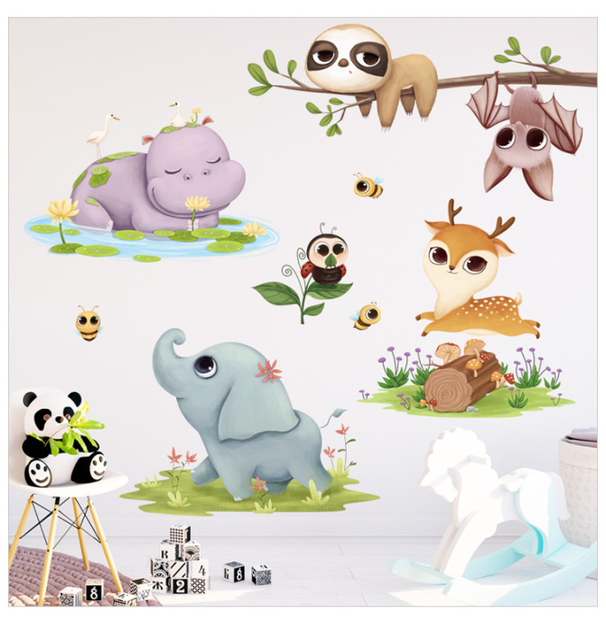 Sticker Autocolant Perete Copii, Caprioara, Elefant, Hipopotam, Liliac, Albine, 85x100 cm, Aida HER® [4]