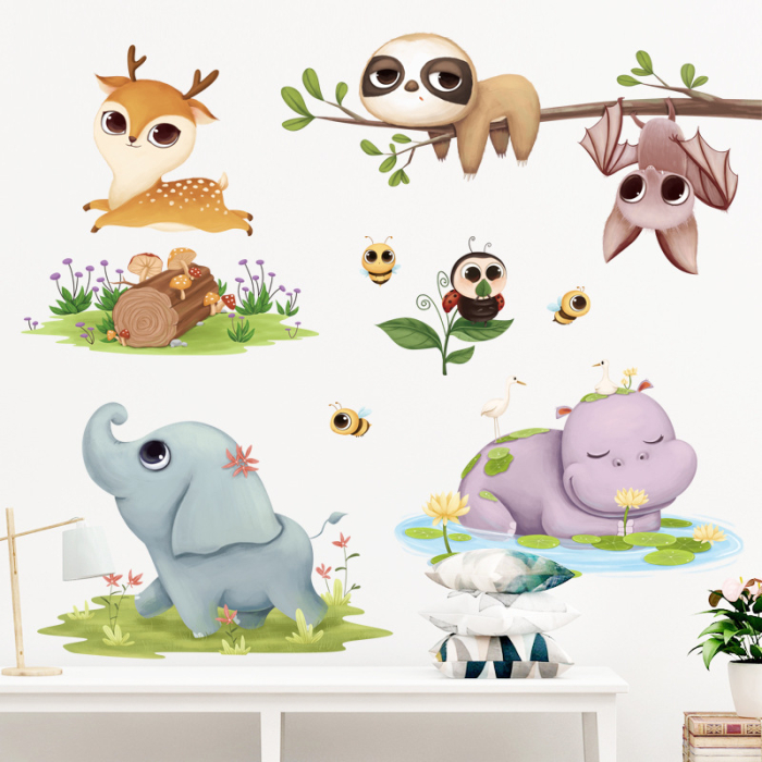 Sticker Autocolant Perete Copii, Caprioara, Elefant, Hipopotam, Liliac, Albine, 85x100 cm, Aida HER® [2]