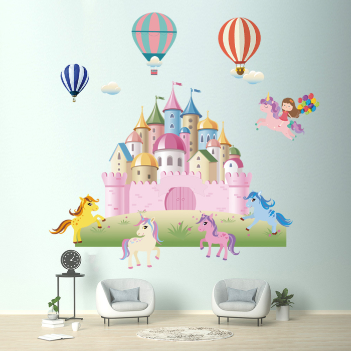 Sticker Autocolant Perete Copii, Castel, Ponei si Baloane cu Aer Cald, 80x120 cm [4]
