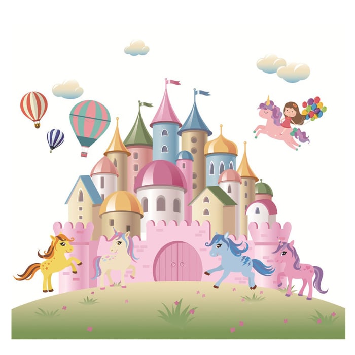 Sticker Autocolant Perete Copii, Castel, Ponei si Baloane cu Aer Cald, 80x120 cm [1]