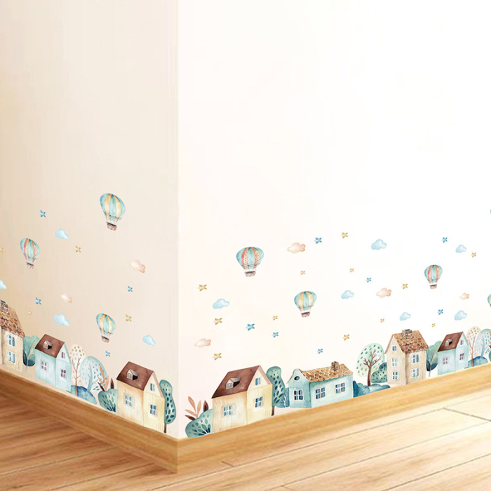 Sticker Autocolant Perete Copii, Casute, Copaci, Baloane cu Aer Cald, Nori si Stele, 51x114 cm, Aida HER® [4]