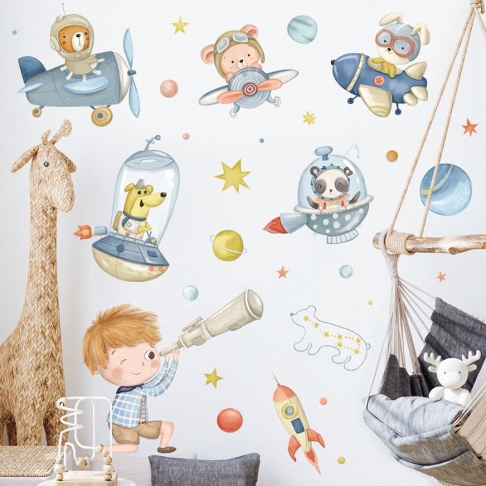 Sticker Autocolant Perete Copii, Copil Privind in Spatiu, Animale in Avioane si Nave Spatiale, Planete si Stele, 100x100 cm, Aida HER® [3]