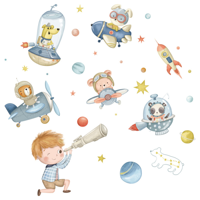 Sticker Autocolant Perete Copii, Copil Privind in Spatiu, Animale in Avioane si Nave Spatiale, Planete si Stele, 100x100 cm, Aida HER® [1]