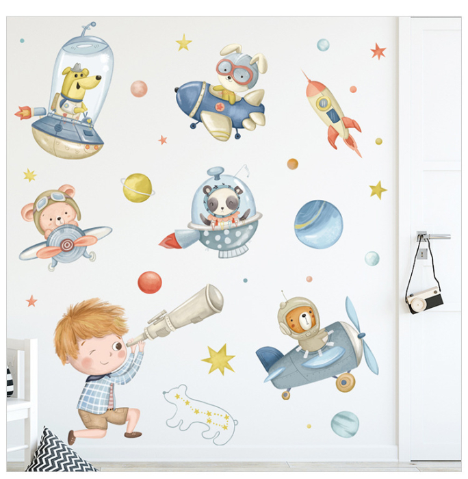 Sticker Autocolant Perete Copii, Copil Privind in Spatiu, Animale in Avioane si Nave Spatiale, Planete si Stele, 100x100 cm, Aida HER® [4]