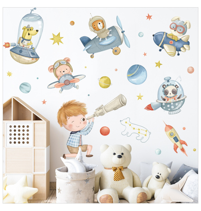 Sticker Autocolant Perete Copii, Copil Privind in Spatiu, Animale in Avioane si Nave Spatiale, Planete si Stele, 100x100 cm, Aida HER® [2]