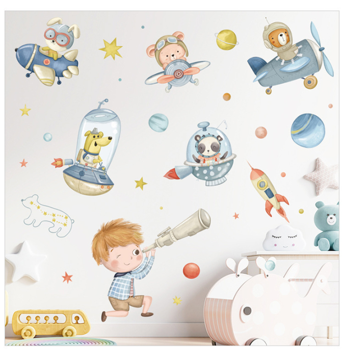 Sticker Autocolant Perete Copii, Copil Privind in Spatiu, Animale in Avioane si Nave Spatiale, Planete si Stele, 100x100 cm, Aida HER® [5]