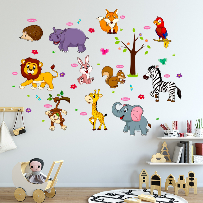 Sticker Autocolant Perete Copii cu Animale, Leu, Elefant, Zebra, Girafa, Vulpe, Hipopotam, Maimuta, Papagal, Iepuras, Veverita si Arici, 80x120 cm, Aida HER® [3]
