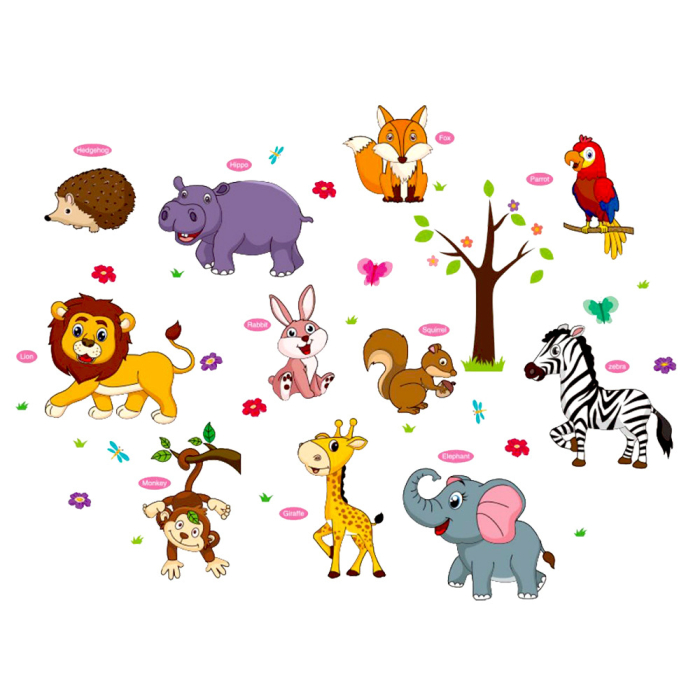 Sticker Autocolant Perete Copii cu Animale, Leu, Elefant, Zebra, Girafa, Vulpe, Hipopotam, Maimuta, Papagal, Iepuras, Veverita si Arici, 80x120 cm, Aida HER® [1]