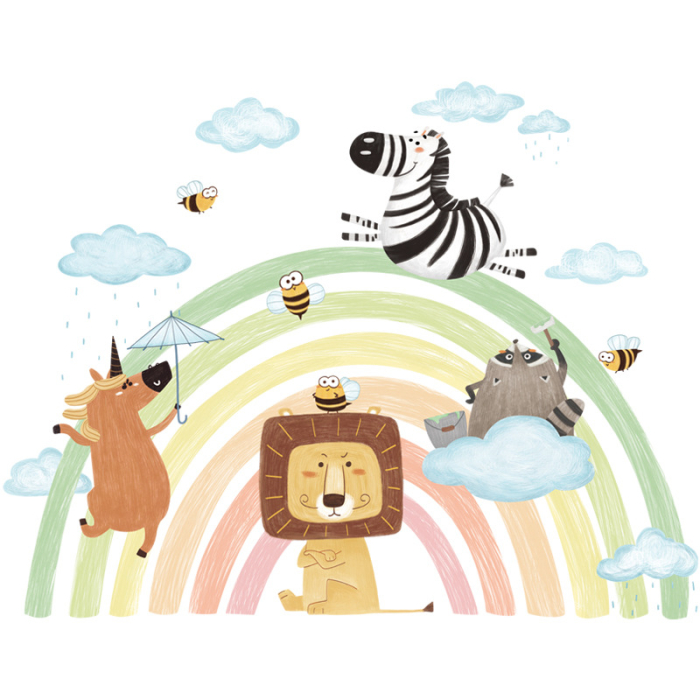 Sticker Autocolant Perete Copii, Curcubeu cu Animale, Leu, Unicorn, Raton si Albinute, 69x90 cm [2]