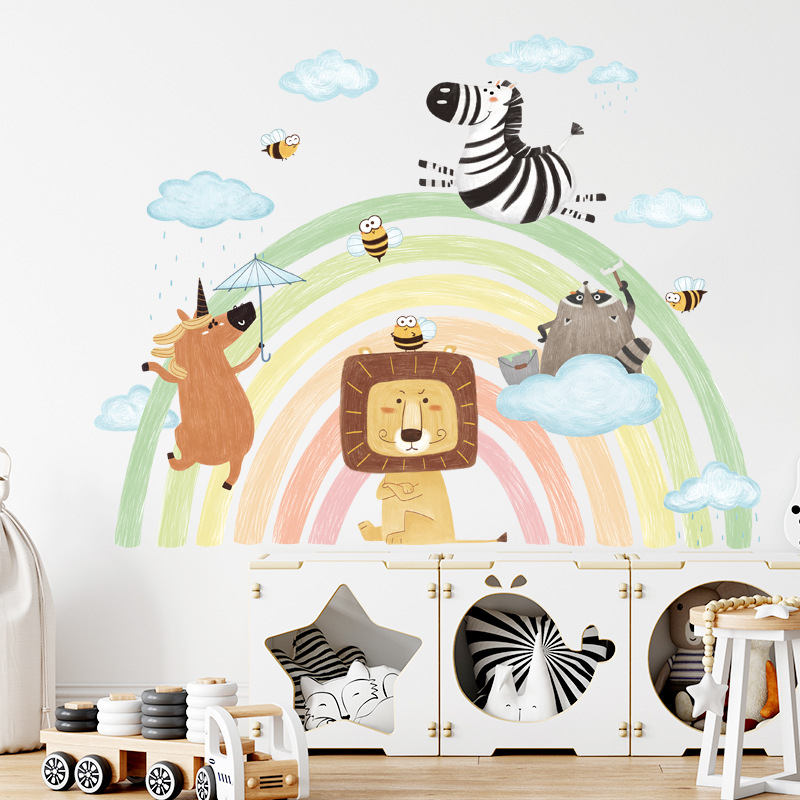 Sticker Autocolant Perete Copii, Curcubeu cu Animale, Leu, Unicorn, Raton si Albinute, 69x90 cm [5]