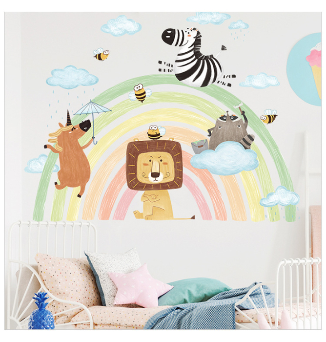 Sticker Autocolant Perete Copii, Curcubeu cu Animale, Leu, Unicorn, Raton si Albinute, 69x90 cm [1]