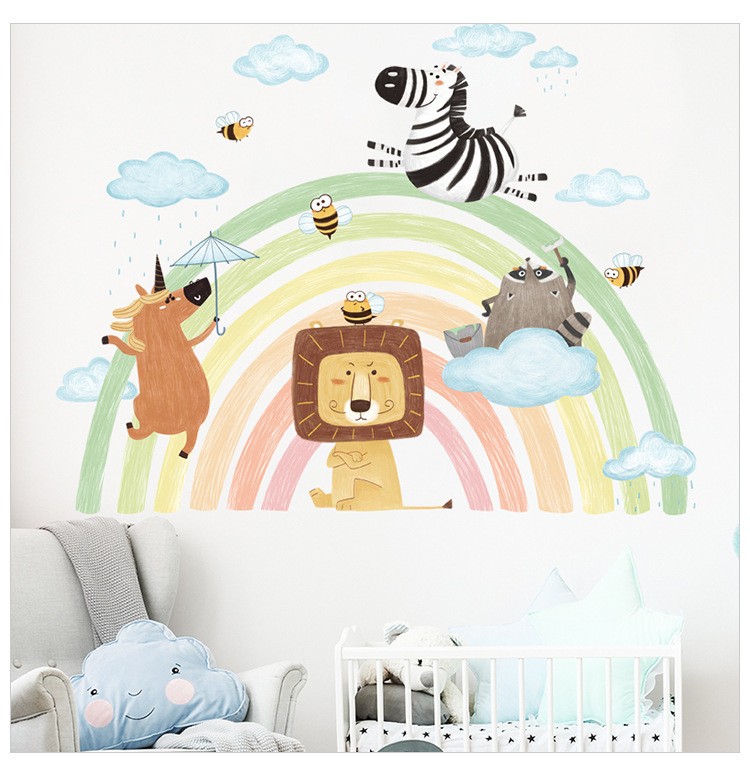 Sticker Autocolant Perete Copii, Curcubeu cu Animale, Leu, Unicorn, Raton si Albinute, 69x90 cm [4]