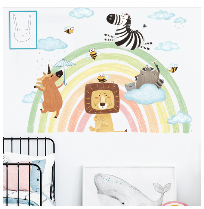 Sticker Autocolant Perete Copii, Curcubeu cu Animale, Leu, Unicorn, Raton si Albinute, 69x90 cm [3]