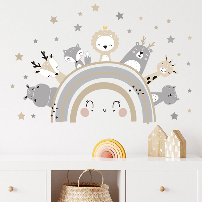Sticker Autocolant Perete Copii, Curcubeu cu Animale Zambitoare, 51x77 cm, Aida HER® [5]