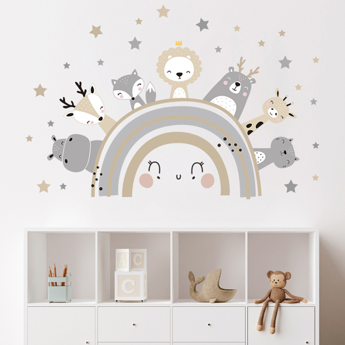 Sticker Autocolant Perete Copii, Curcubeu cu Animale Zambitoare, 51x77 cm, Aida HER® [3]
