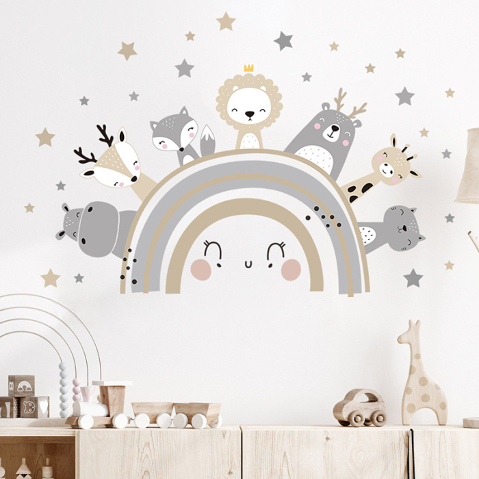 Sticker Autocolant Perete Copii, Curcubeu cu Animale Zambitoare, 51x77 cm, Aida HER® [2]