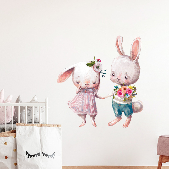 Sticker Autocolant Perete Copii, Doi Iepurasi cu Flori, 66x70 cm, Aida HER® [3]