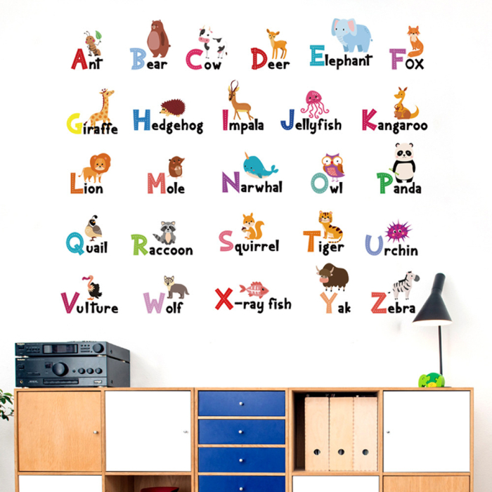 Sticker Autocolant Perete Copii, Educativ, Alfabet cu Animale in Limba Engleza, 90x90 cm, Aida HER® [4]