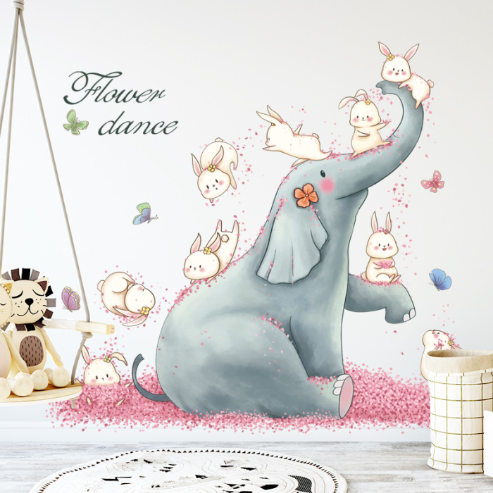 Sticker Autocolant Perete Copii, Elefant si Iepurasi Jucausi, Dansul Florilor, 77x83 cm [4]