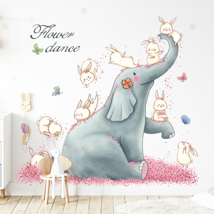 Sticker Autocolant Perete Copii, Elefant si Iepurasi Jucausi, Dansul Florilor, 77x83 cm [5]