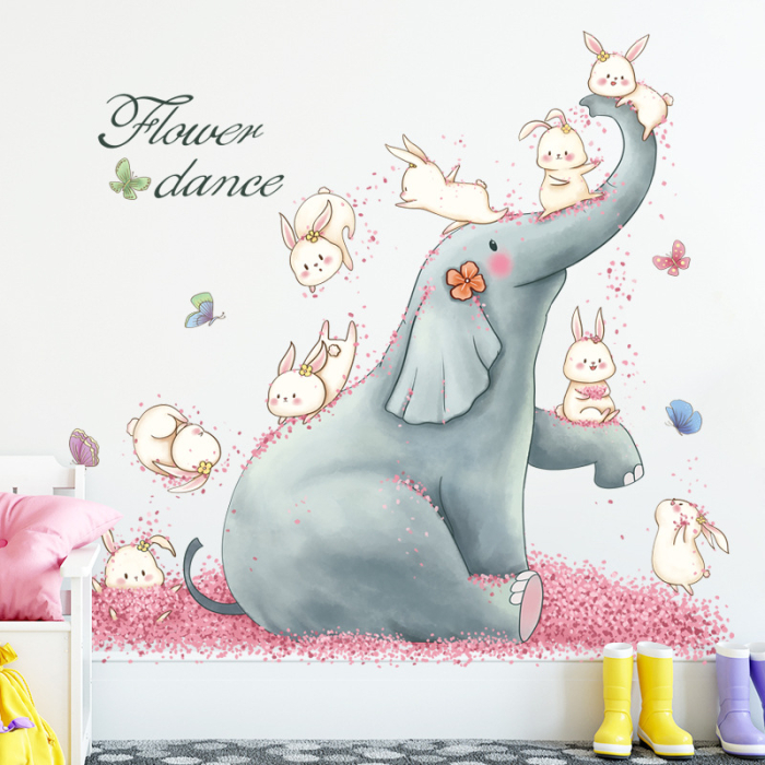Sticker Autocolant Perete Copii, Elefant si Iepurasi Jucausi, Dansul Florilor, 77x83 cm [3]