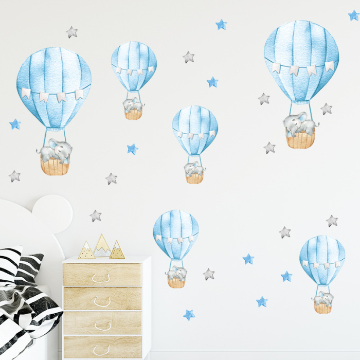 Sticker Autocolant Perete Copii, Elefanti in Baloane cu Aer Cald si Stele, 67x71 cm, Aida HER® [3]