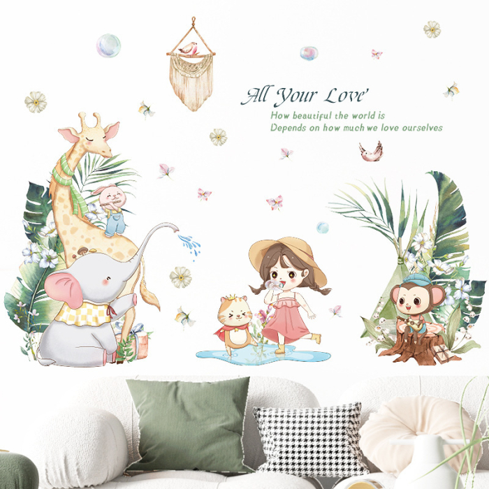 Sticker Autocolant Perete Copii, Fetita impreuna cu Animale Prietenoase si Haioase, 60x110 cm [2]